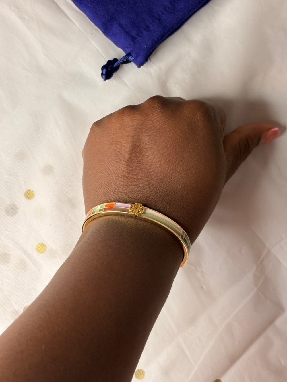 Tory Burch Gold Tone Multicolor Enamel Logo Bangle - Picture 7 of 8